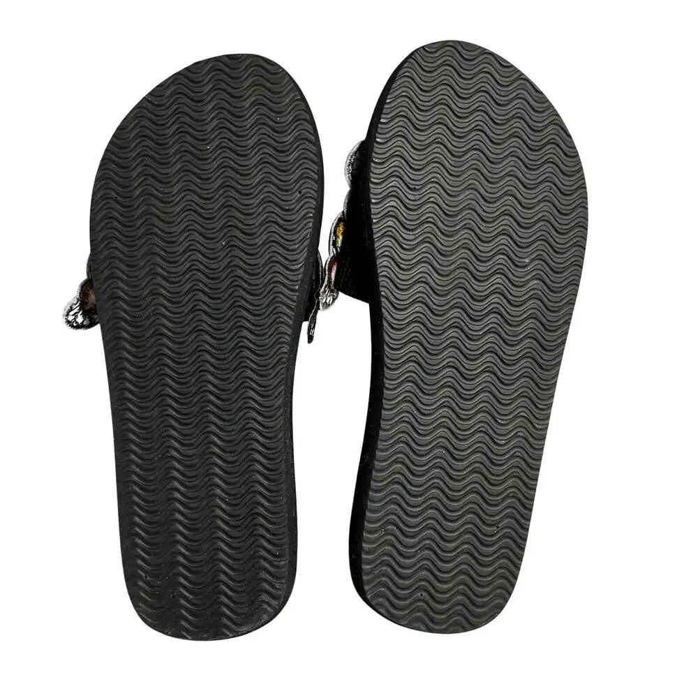 XMistuo Butterfly Embellished flip flop slide sandals black orange yellow shoes